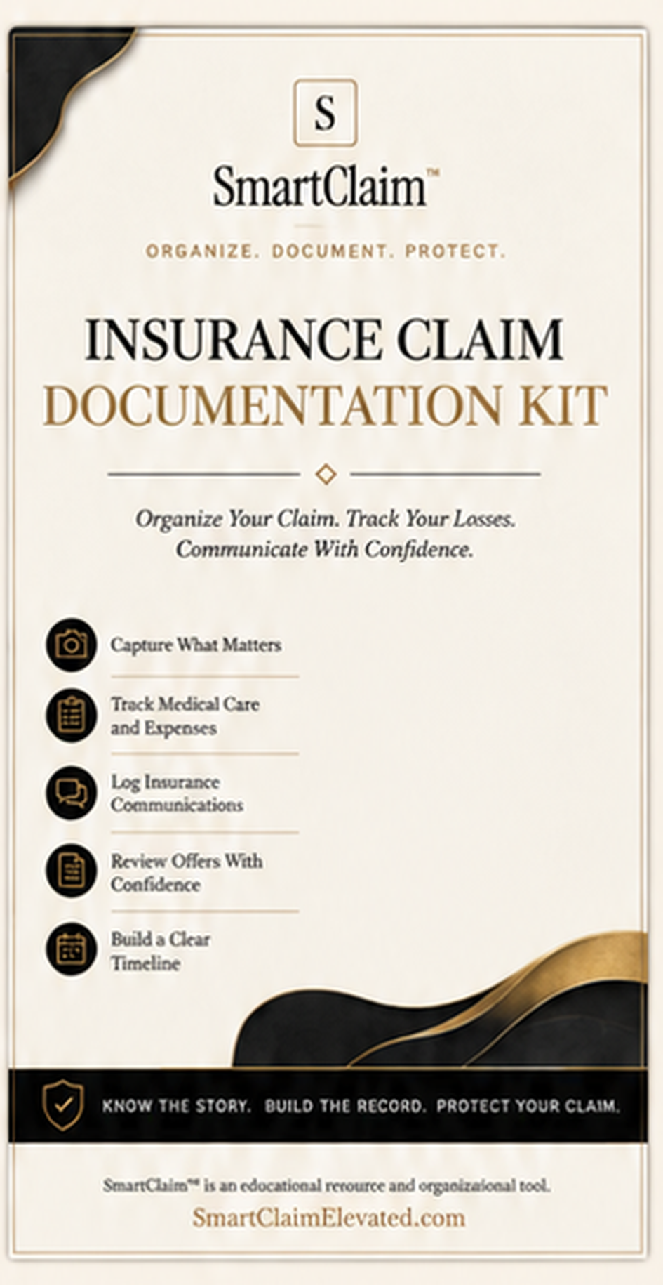 SmartClaim Insurance Claim Documentation Kit — an organized record for claim facts, treatment, losses, communications, offers, and deadlines