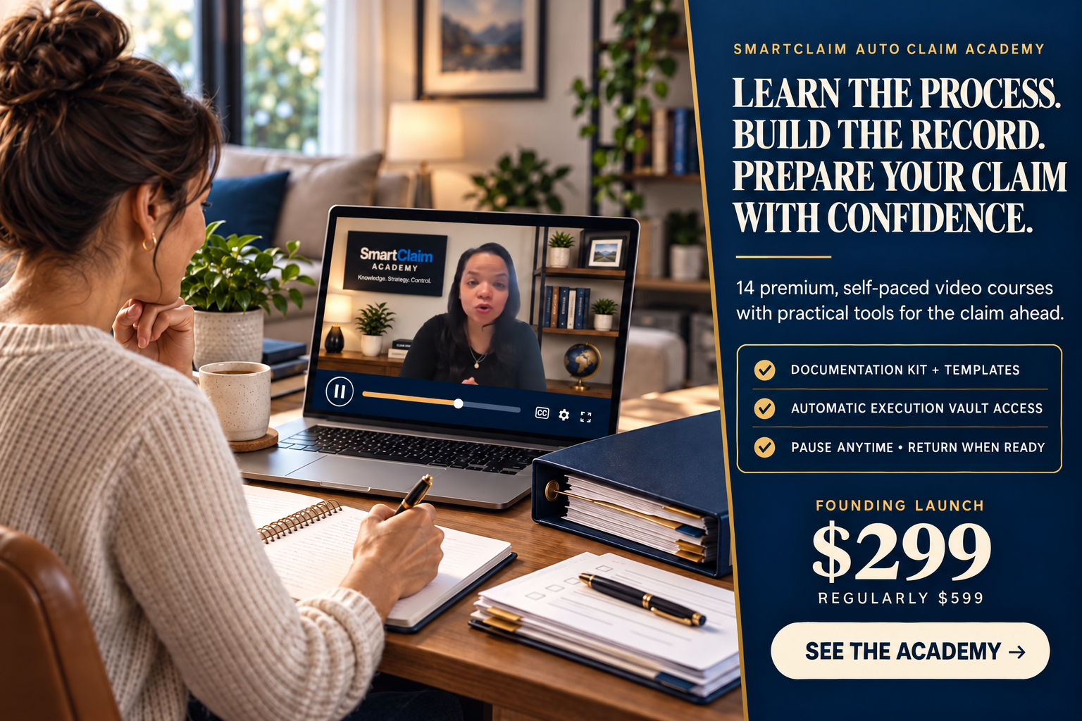 SmartClaim Auto Claim Academy: learn the process, build the record, and prepare your claim with confidence. Founding launch price $299.