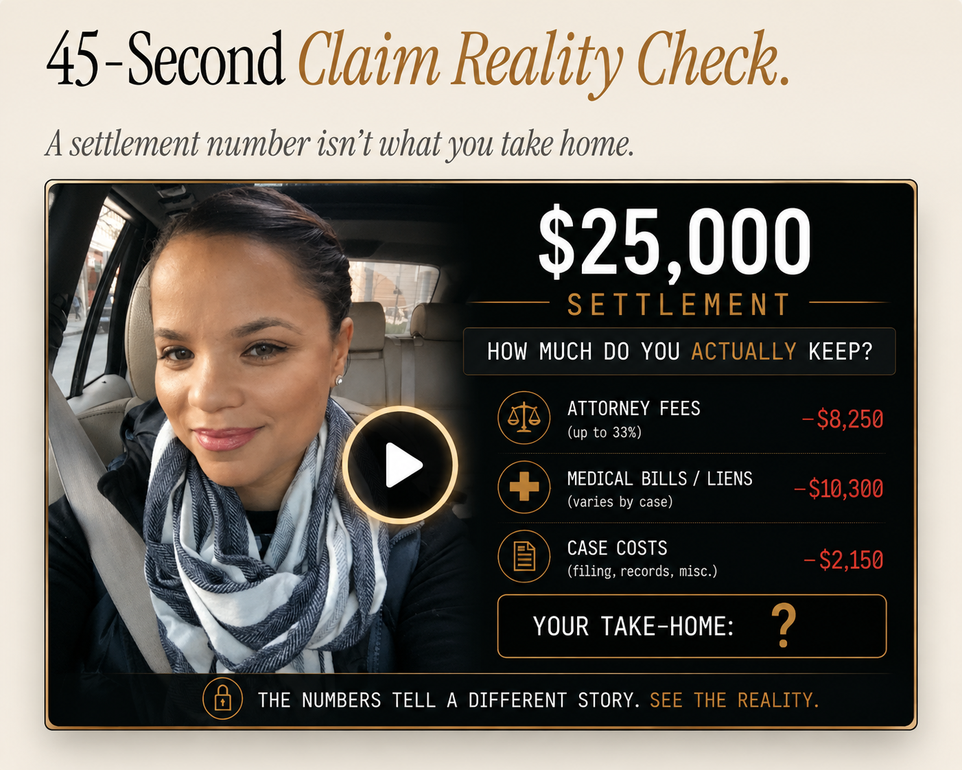 Video preview: a $25,000 settlement broken down into attorney fees, medical liens and case costs