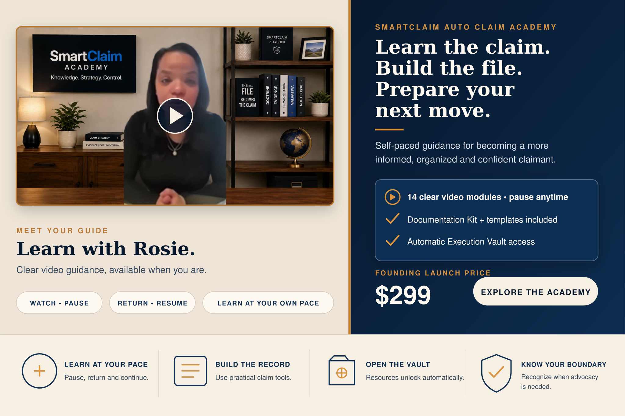 SmartClaim Auto Claim Academy with Rosie: learn the claim, build the file, and prepare your next move. Founding launch price $299.