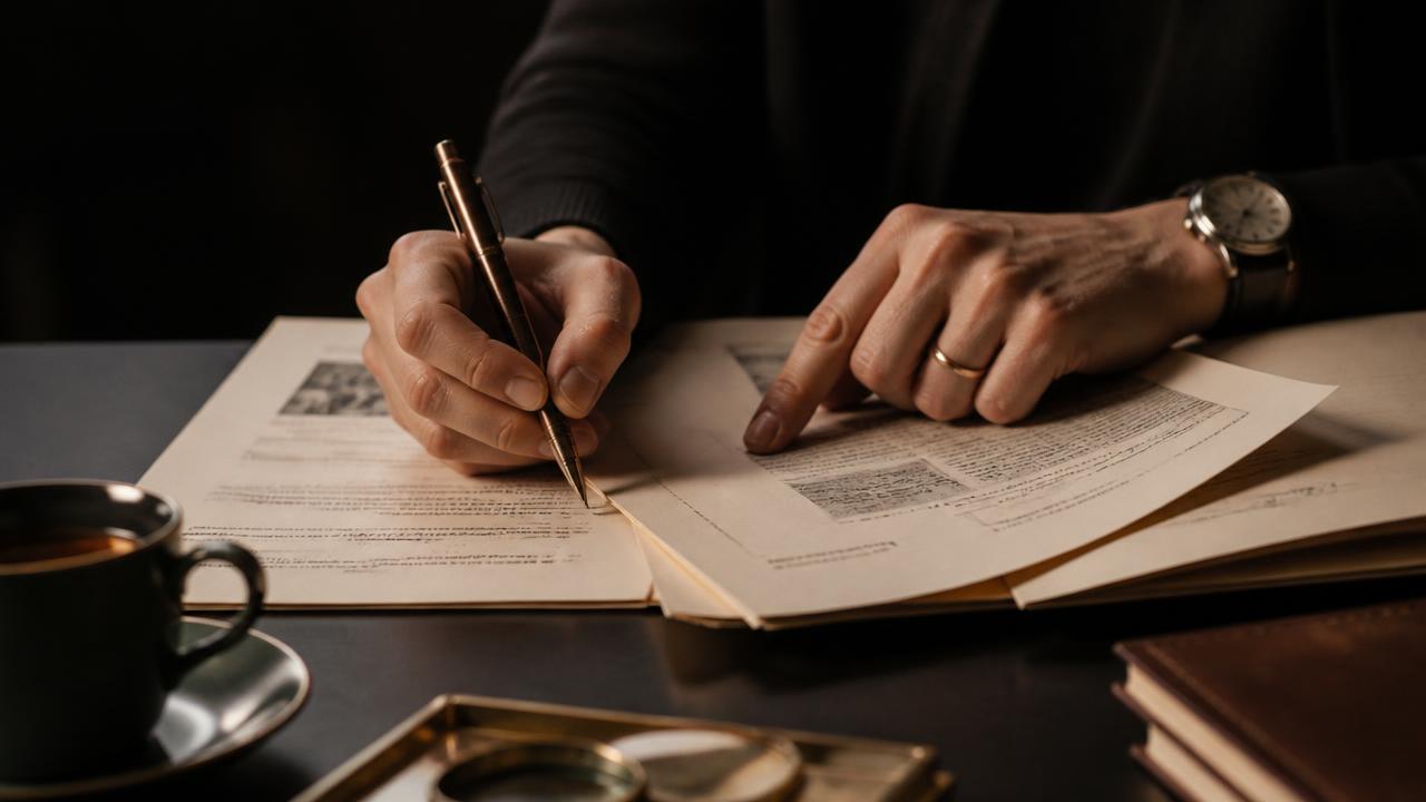 Hands reviewing and annotating printed claim documents at a desk